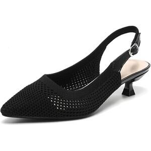 New Youngshow Womens 5 Black Mesh Pointy Toe 1.5" Kitten Heel Slingback Shoes